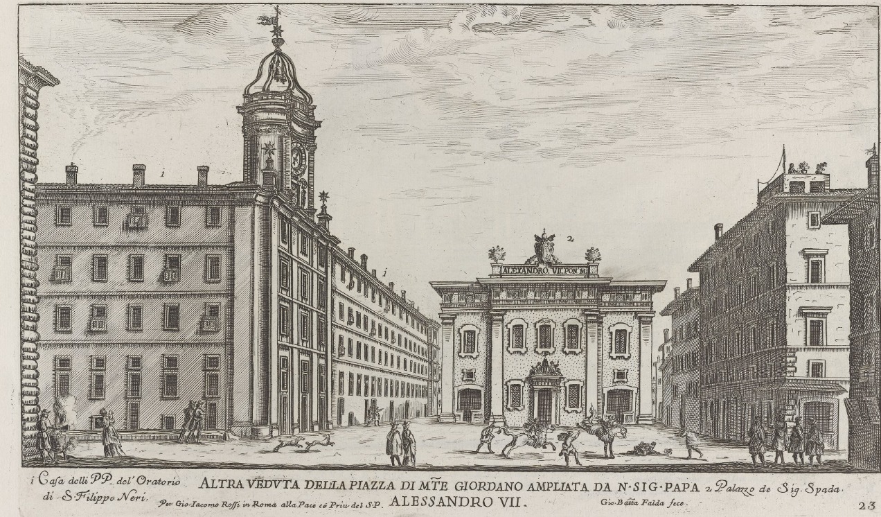 Piazza di Monte Giordano (oggi Piazza dell&rsquo;Orologio), Roma &mdash; stampa di Giovanni Battista Falda, 1665.