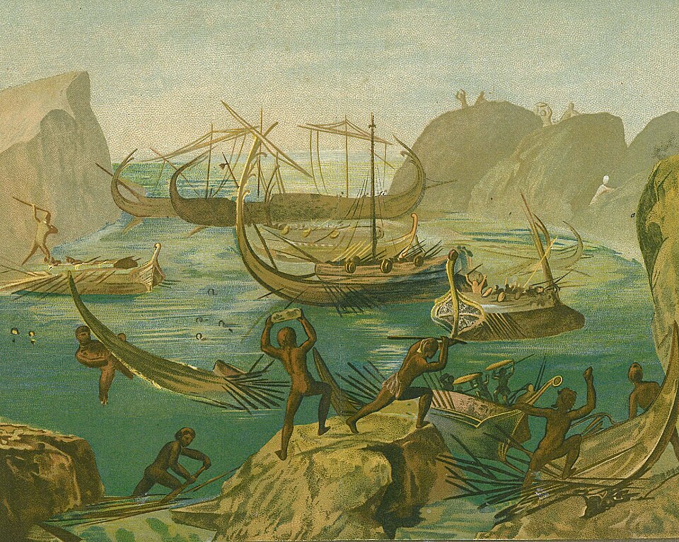 La stessa scena in cromolitografia di pubblico dominio (Wikimedia Commons, «Odysseus bei den Laestrygonen»)