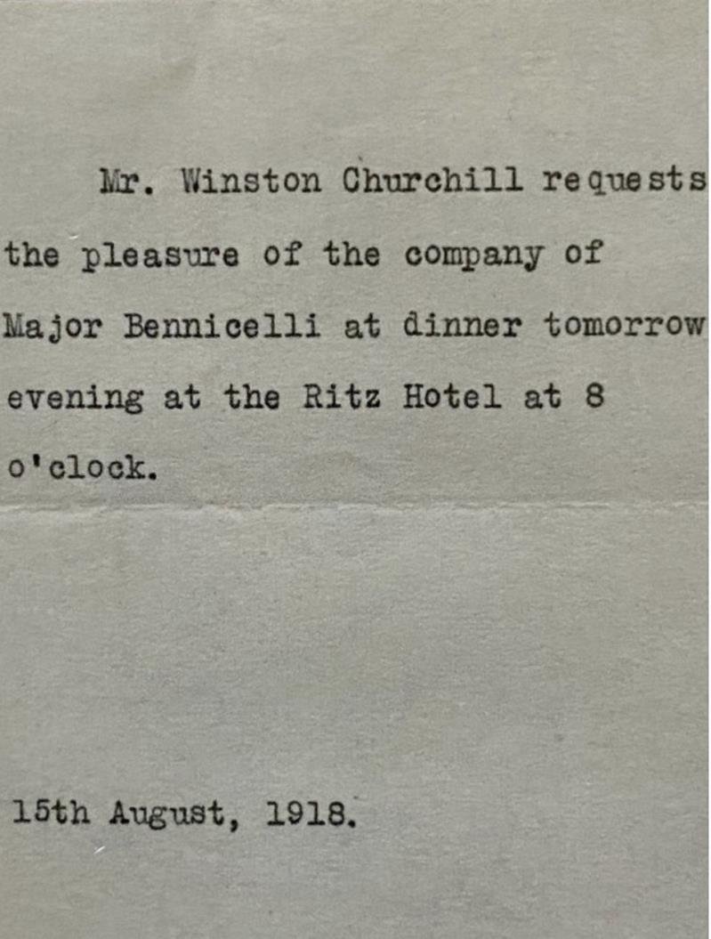 Biglietto dattiloscritto di invito di Winston Churchill al maggiore Bennicelli per una cena al Ritz Hotel, 15 agosto 1918