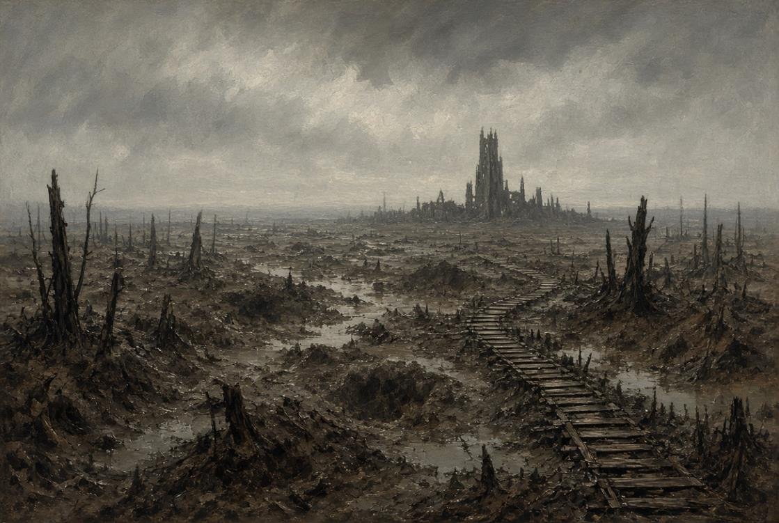Ricostruzione illustrata di un paesaggio devastato delle Fiandre durante la prima guerra mondiale