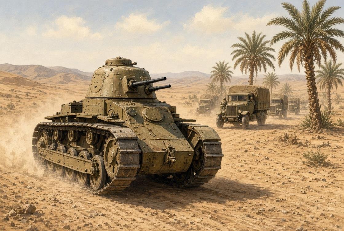 Ricostruzione illustrata di un carro Renault FT in azione su terreno desertico, con autocarri e palme