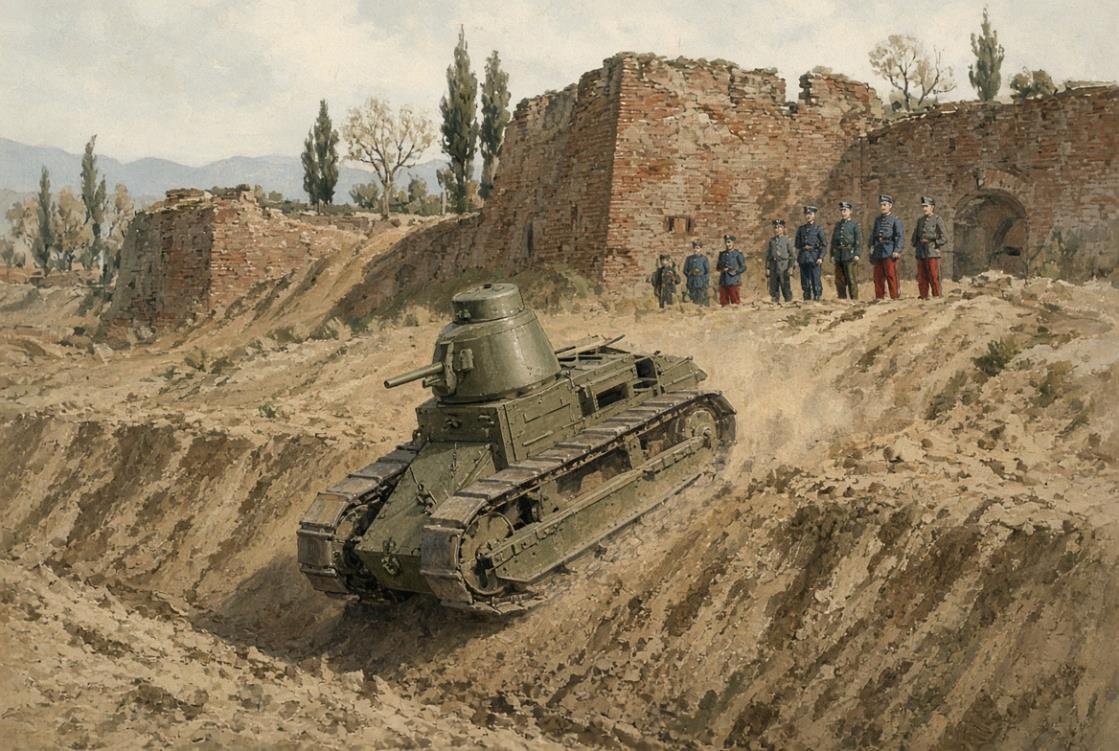Ricostruzione illustrata di un carro Renault FT in azione dimostrativa davanti ad antiche mura